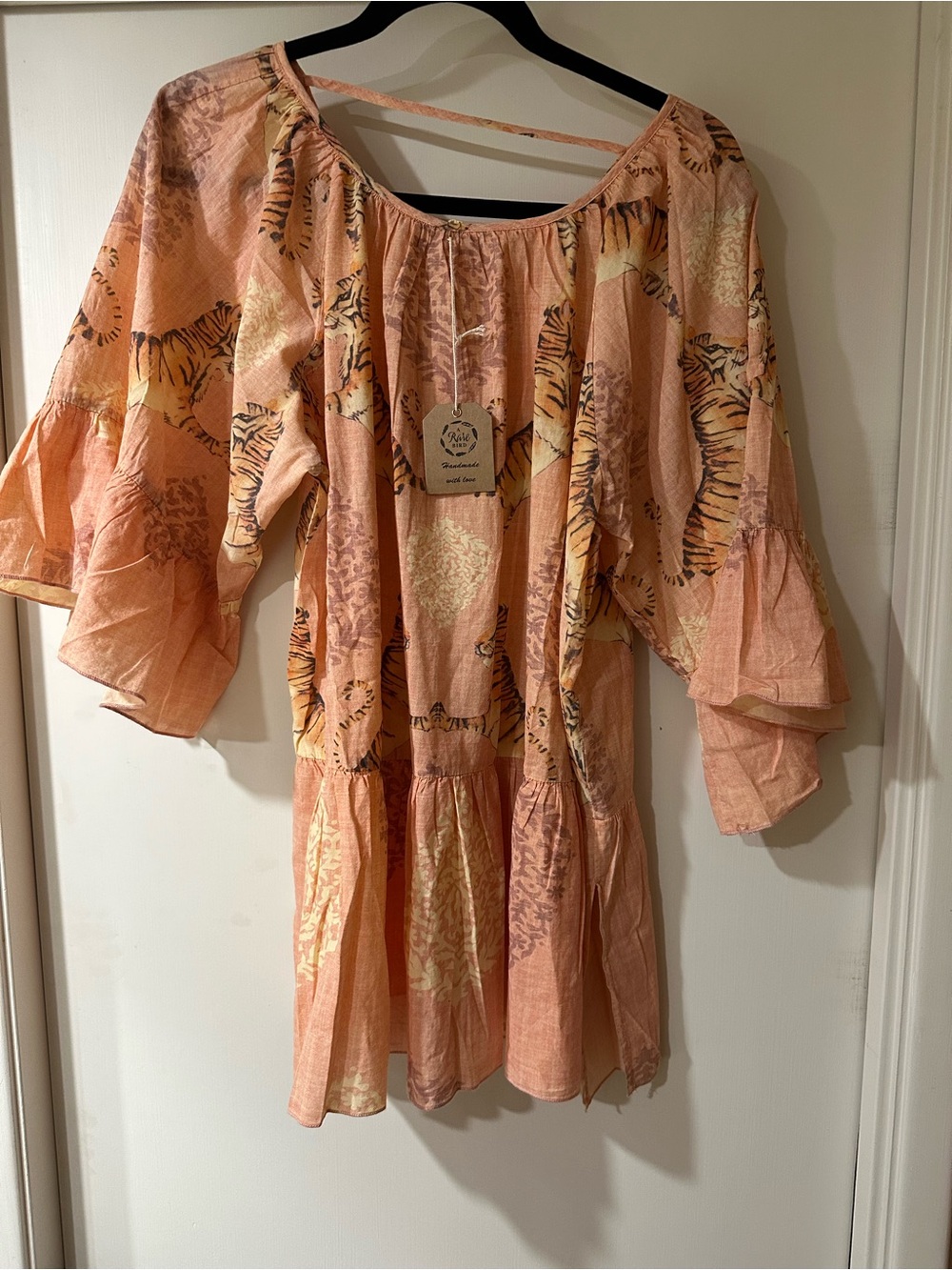 Peach Animal-Print Peasant Blouse with Ruffle Sleeves